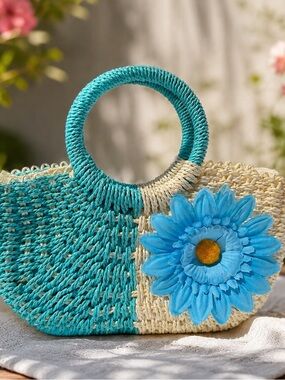 Handwoven Turquoise & Natural Straw Tote with Blue Flower Accent